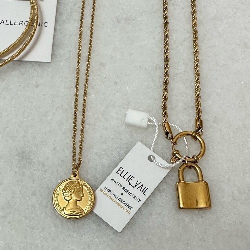Ellie Vail jewelry-large hoops, coin necklace, lock necklace - water resistant - Picture 3 of 5